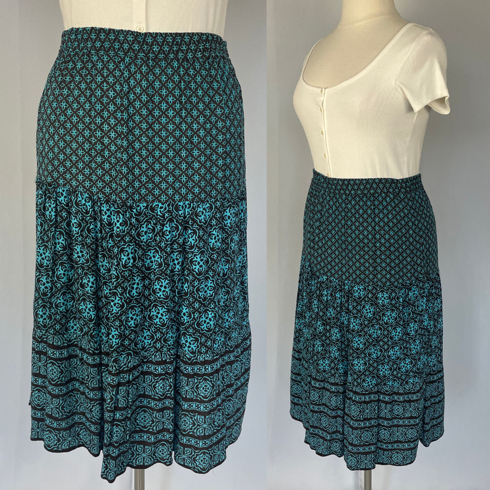 Boho Midi Skirt Size Large Blue Brown Geometric Print Tiered Broomstick Fairy